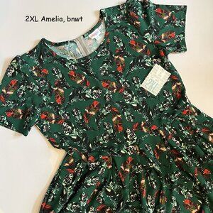 2XL Lularoe Amelia dress, green with feathers